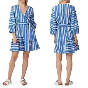 Chinti & Parker Blue Striped Crepe Parasol V-Neck Faux Wrap Oversized Dress 10